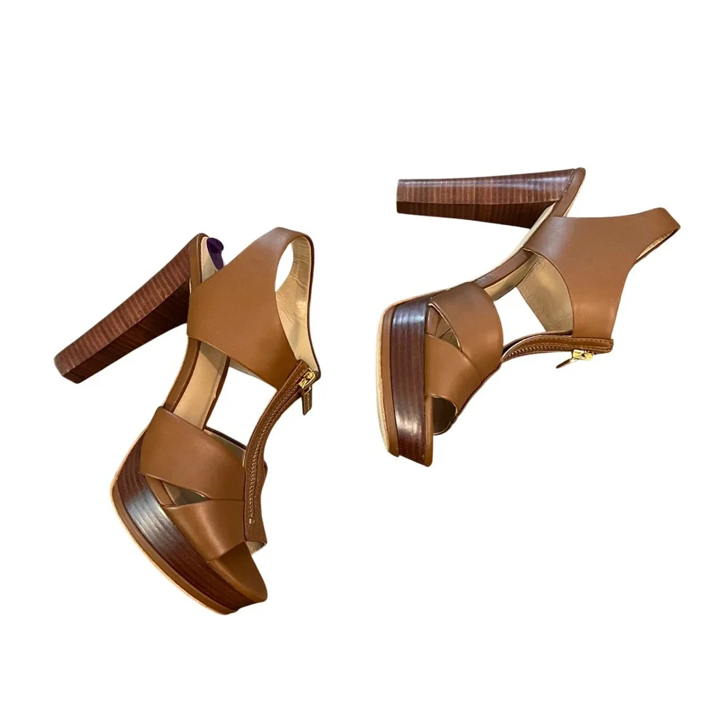 Michael Kors Luggage Brown Leather Zip Front Platform Block Heel Sandals 8.5